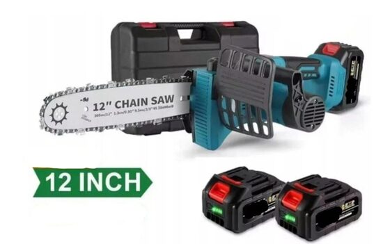 Grandininis akumuliatorinis 12 colių pjūklas su dviem akumuliatoriais ir dviem grandinėmis